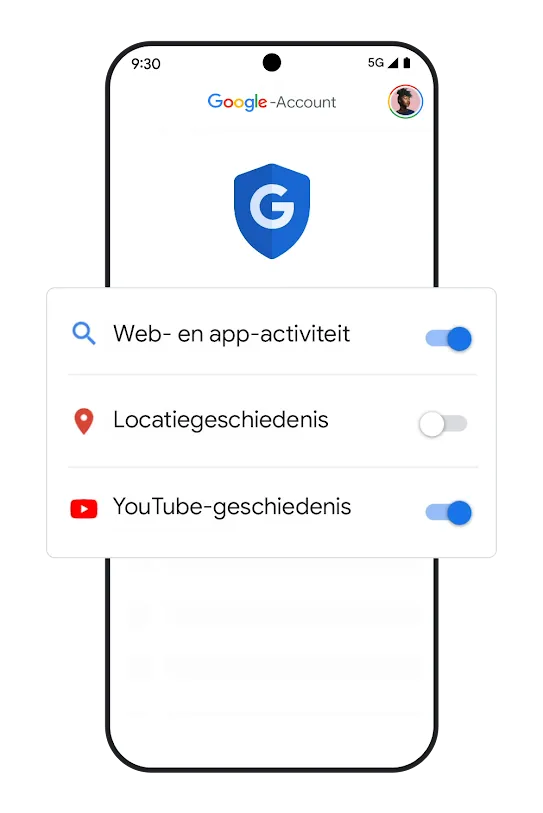 Afbeelding van een telefoon met schakelaars voor geschiedenisinstellingen.