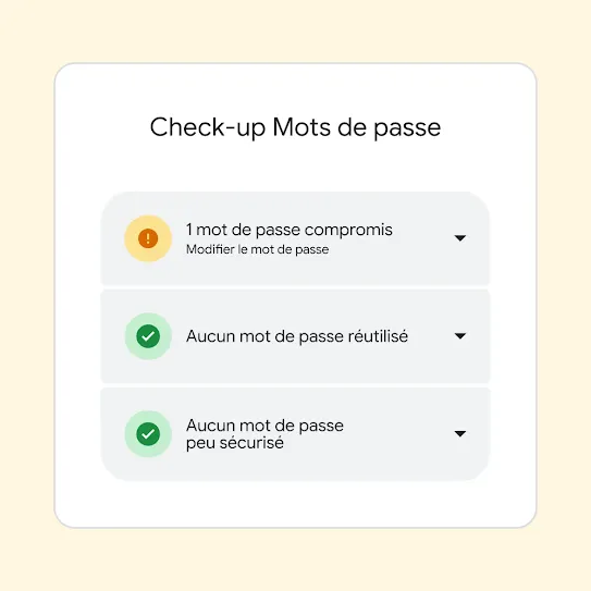Interface du Check-up Mots de passe affichant les résultats, y compris "1 mot de passe compromis" et une suggestion vous recommandant de le modifier.