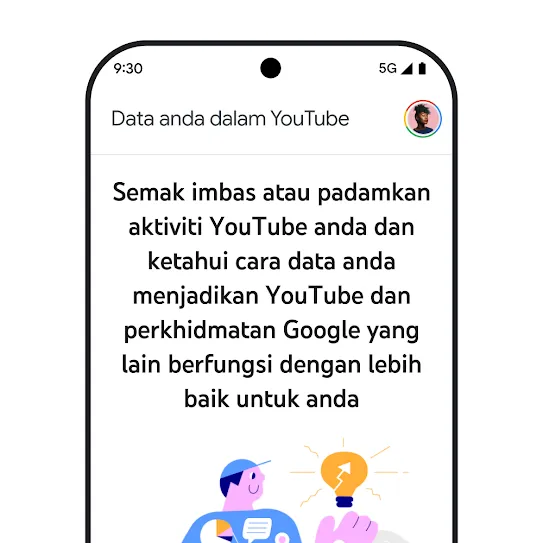 Visual skrin telefon pintar dengan YouTube dibuka, memaparkan mesej bermaklumat tentang “Data anda dalam YouTube” yang merangkumi butiran semakan imbas dan pemadaman sejarah aktiviti.