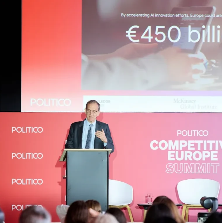 Kent Walker speaking at the Politico Competitive Europe Summit with a screen behind him