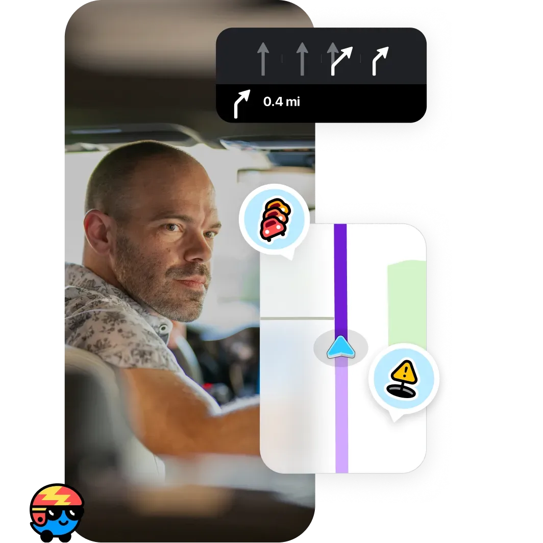 Driver using Waze route guidance on smartphone showing live road hazard alerts and speed traps