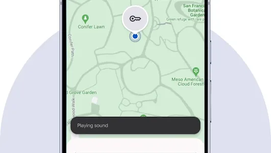 A phone screen shows a pin pulsating behind a key icon on a map. A sound bar line moves to indicate sound is playing.