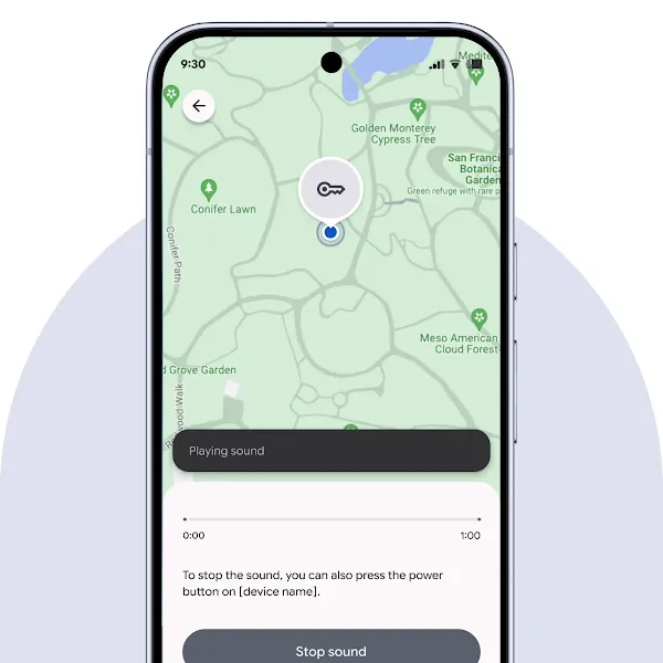 A phone screen shows a pin pulsating behind a key icon on a map. A sound bar line moves to indicate sound is playing.
