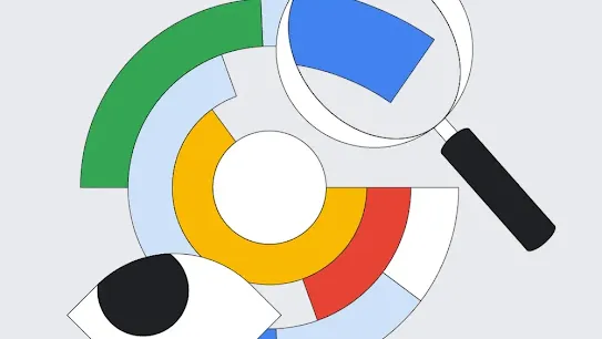 An illustration with an eye and a magnifying glass hovering over a puzzle, with sections colored red, yellow, green and blue