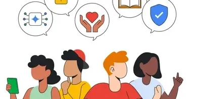 This image features four diverse young people in a row, from the chest up, positioned below several speech bubbles containing icons.