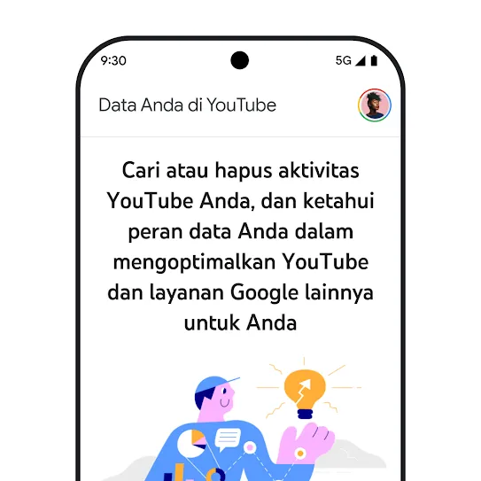 Visual layar smartphone dengan YouTube terbuka, menampilkan pesan informasi tentang "Data Anda di YouTube" termasuk detail tentang penjelajahan dan penghapusan histori aktivitas.