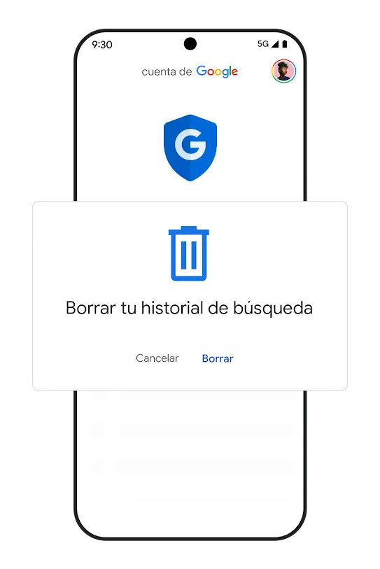 Gráfico de un teléfono con la IU para borrar la actividad de búsqueda. 