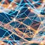 Abstract digital visualization featuring glowing blue and orange network lines with illuminated nodes on a dark background.