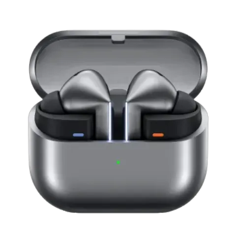 A silver headphones case is open to reveal a pair of powered-on headphones nestled in their respective sides.