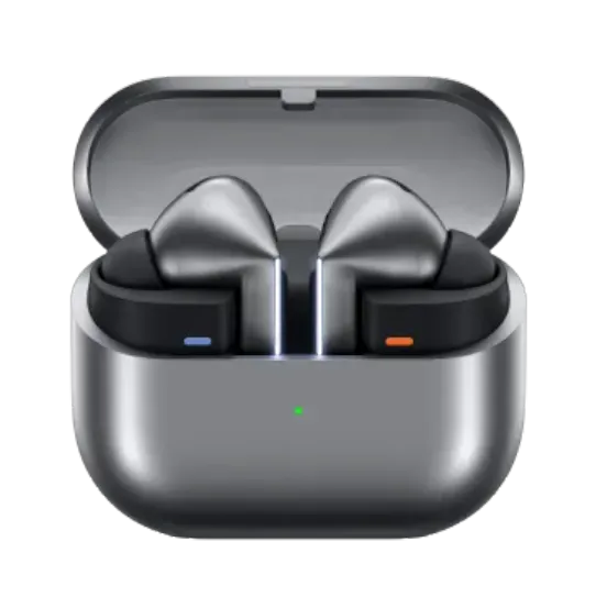 A silver headphones case is open to reveal a pair of powered-on headphones nestled in their respective sides.