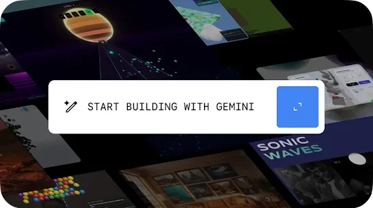 A prominent white call-to-action banner reading "START BUILDING WITH GEMINI" featuring a magic wand spark icon and a blue square button. The banner overlays a dark, angled collage of various digital app designs, games, and user interfaces including one labeled "SONIC WAVES".
