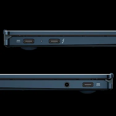 Close-up of Googlebook laptop ports on both sides.
