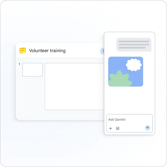 A product user interface mockup of a presentation workspace. In the background, a Google Slides deck titled "Volunteer training" shows an empty slide canvas. Overlaying the right side is an open sidebar containing an image placeholder graphic with a cloud and bush, text placeholder lines, and an "Ask Gemini" AI chat input box at the bottom.