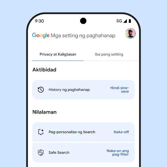 Visual ng mga setting ng Google Search sa screen ng smartphone, kabilang ang mga setting para sa Search history, pag-personalize ng Search, at Safe Search.