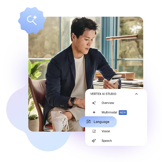 A man in a navy blazer sits in a chair looking at a smartphone, with a graphical interface overlay titled 'Vertex AI Studio' showing a menu where the 'Language' option is selected.