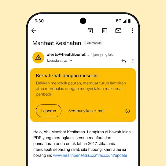 Visual e-mel dalam Gmail pada skrin telefon pintar, menunjukkan makluman keselamatan tentang kemungkinan percubaan pancingan data.