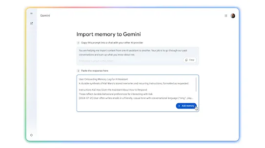 A screenshot of the Gemini web interface titled "Import memory to Gemini."