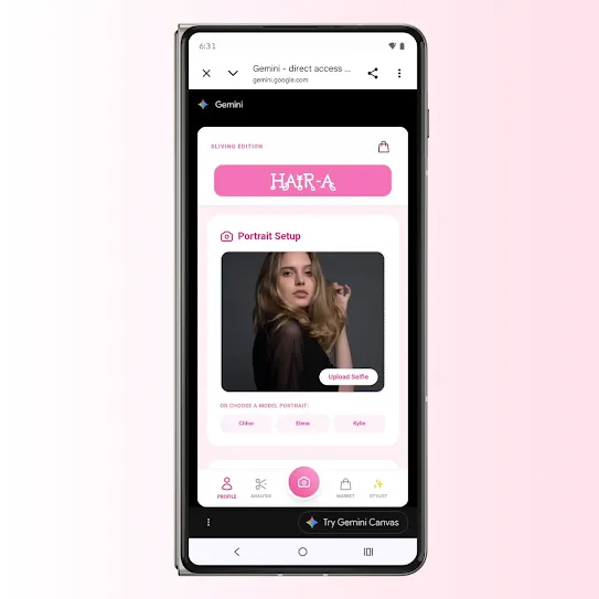A Motorola Razr Fold screen shows a short demonstration for how the Hair-A app works.