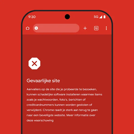Visuele weergave van een smartphonescherm met de Chrome-browser, waarop een melding over een gevaarlijke site wordt getoond, inclusief aanbevolen vervolgstappen en een link voor meer informatie over deze waarschuwing. 