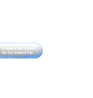 Typed AI prompt “Create a live tracker for my Iceland trip”, with desktop widget of Reykjavik flight, accommodations, and dinner.