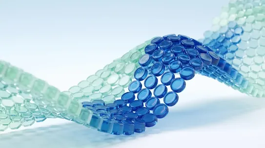 A digital art piece featuring a wavy, DNA-like double helix structure made of translucent, glossy glass-like discs in shades of blue and green, set against a soft light-blue background.