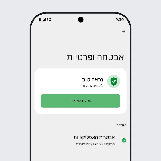 מסך סמארטפון עם Android OS שהגדרות הפרטיות והאבטחה פתוחות בו, ומוצגות תוצאות של סריקת מכשיר והגדרות אבטחה של אפליקציות.