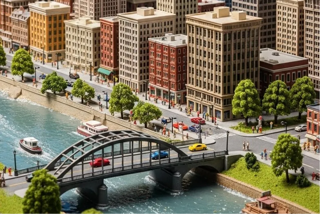 A miniature model of a bustling city featuring a river with boats, a gray arched bridge with colorful cars, and detailed multi-story buildings lined with tiny trees and figures.