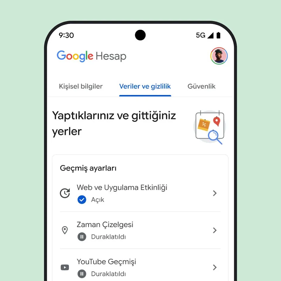 Google'ın Hesabım kullanıcı arayüzünün resmi