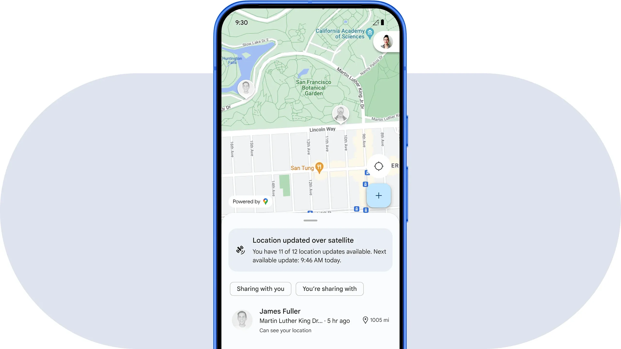 A phone screen shows grayed out icons of people’s location on a map. A notification indicating locations were updated through a satellite is on the bottom of the screen. 