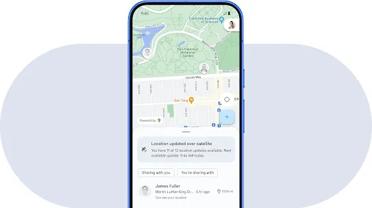 A phone screen shows grayed out icons of people’s location on a map. A notification indicating locations were updated through a satellite is on the bottom of the screen. 