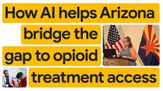 collage with a doctor seeing a patient and a woman at a podium with the Arizona and US flags