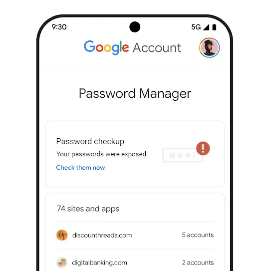 Phone image with password checkup UI.