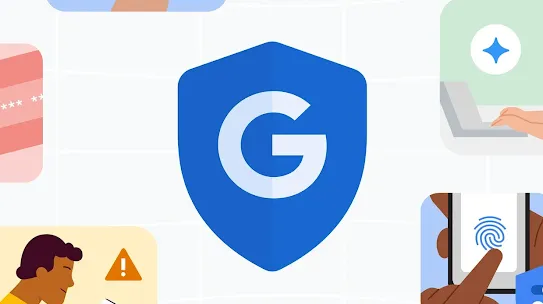 Illustration of a white G in a blue shield surrounded by safety and security-related images