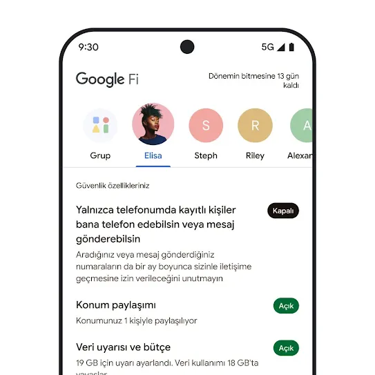 Google Fi Wireless'ın açık olduğu akıllı telefon ekranı görseli. Üst tarafta kişiler, alt tarafta ise konum paylaşımı ve veri uyarıları gibi güvenlik özellikleri gösteriliyor.
