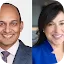 A side-by-side composite of two professional headshots. On the left, a man with a shaved head and a warm smile wears a blue patterned suit and a purple tie. On the right, a woman with dark hair wears a vibrant royal blue blazer. Featured experts for the Google and CVS Health dialogue on 'How AI Can Improve Healthcare Outcomes'.