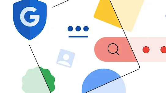 An abstract digital illustration representing online privacy and data control. A blue shield with a white Google "G" sits to the left of a tilted square frame containing a profile icon and three dots. Surrounding the frame are colorful geometric shapes, including a red search bar, a blue circle, and a yellow square, symbolizing the management of personal information online.