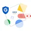 An abstract digital illustration representing online privacy and data control. A blue shield with a white Google "G" sits to the left of a tilted square frame containing a profile icon and three dots. Surrounding the frame are colorful geometric shapes, including a red search bar, a blue circle, and a yellow square, symbolizing the management of personal information online.
