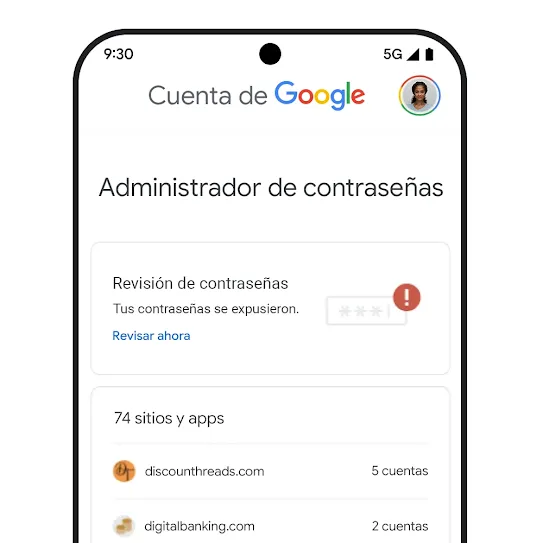 Imagen de un teléfono con la IU de Revisión de contraseñas.