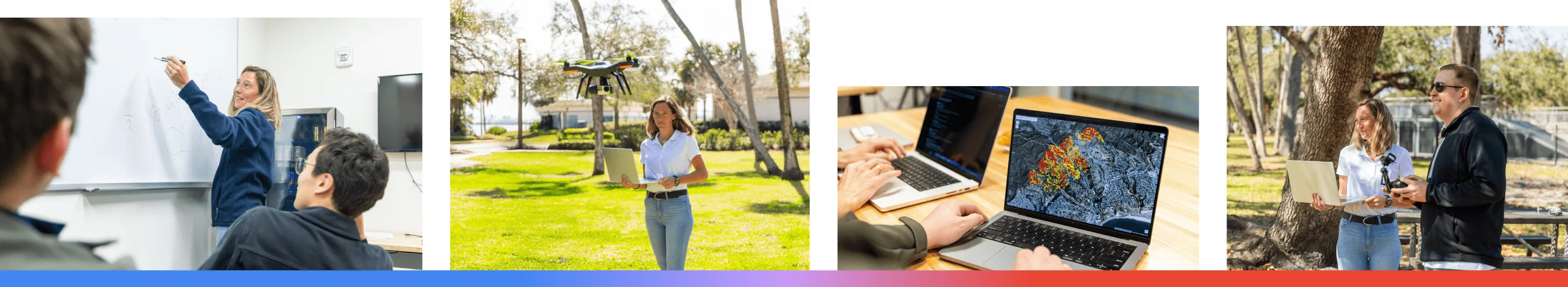 A composite of four images featuring SkyTL (formerly Improving Aviation) in Florida, showing the team collaborating in an office, Rocio Frej Vitalle operating a drone in the field, a close-up of the AI-powered wildfire data simulation software, and team members preparing for a data-collection flight.