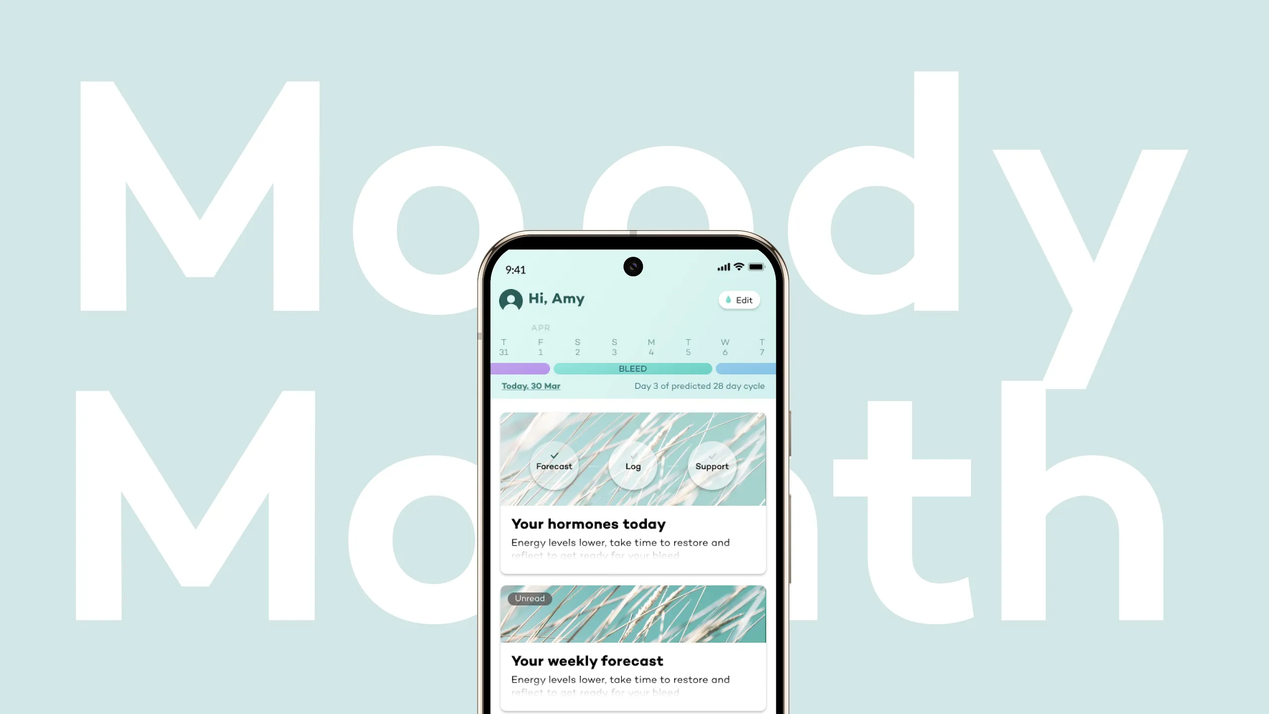 Smartphone showing the Moody Month app dashboard with hormone insights and wellness weekly forecast, set against a background with the words Moody Month.