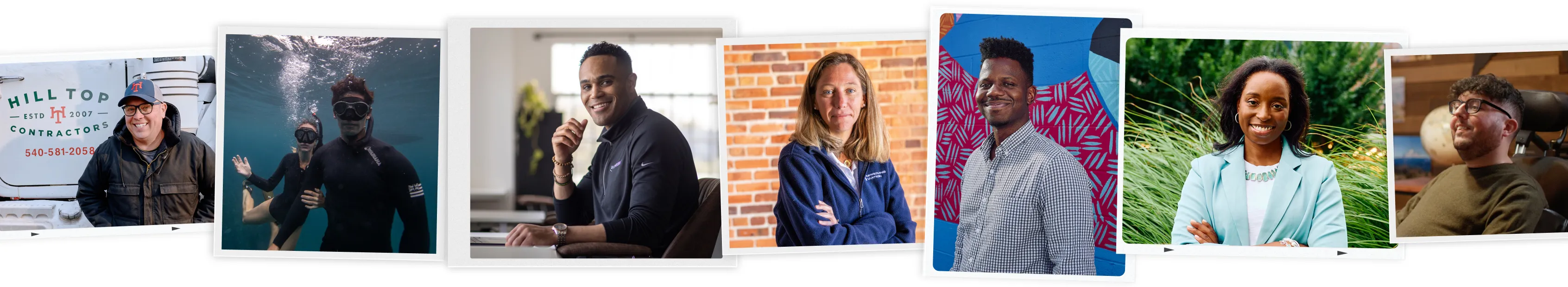 Seven images of people spaced evenly across the page with a blue and red gradient line underneath.