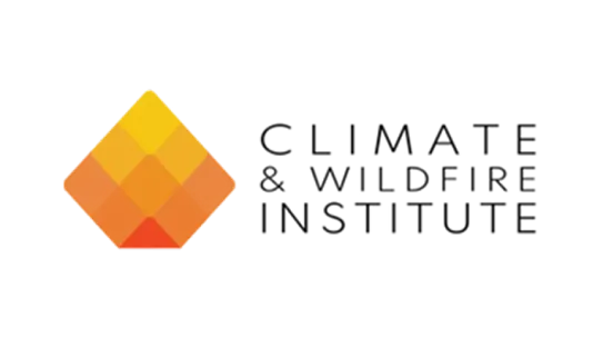 Official logo for the Climate & Wildfire Institute featuring a geometric flame icon composed of yellow and orange diamonds beside dark sans-serif text on a white background.