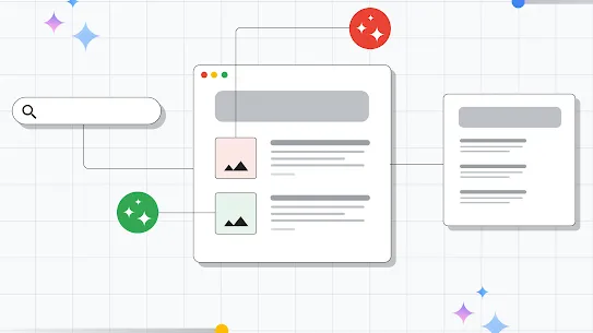 A conceptual diagram on a grid background showing how digital content is verified. It features a central browser window with image and text placeholders connected to a search bar and external data sources. Colorful "sparkle" icons in red and green represent AI-generated or enhanced content markers, symbolizing digital provenance.