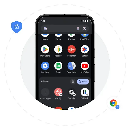 An Android homescreen with different apps. Behind the phone is a grey solid circle and a dashed circle right outside it. Two icons are scattered around the dashed circle. One is Chrome and the other is a blue shield with a white lock in the middle.