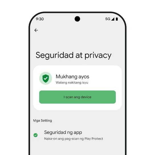 Visual ng screen ng smartphone na gumagamit ng Android OS na nakabukas ang mga setting ng Seguridad at Privacy, na nagpapakita ng mga resulta ng pag-scan ng device at mga setting ng seguridad ng app.