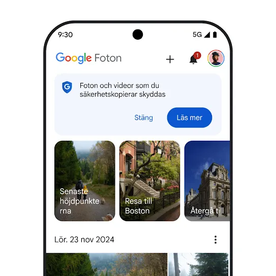 Bild av en smartphone-skärm med Google Foto öppet. Ett säkerhetsmeddelande visas med texten ”Foton och videor som du säkerhetskopierar skyddas” och en länk för att läsa mer.