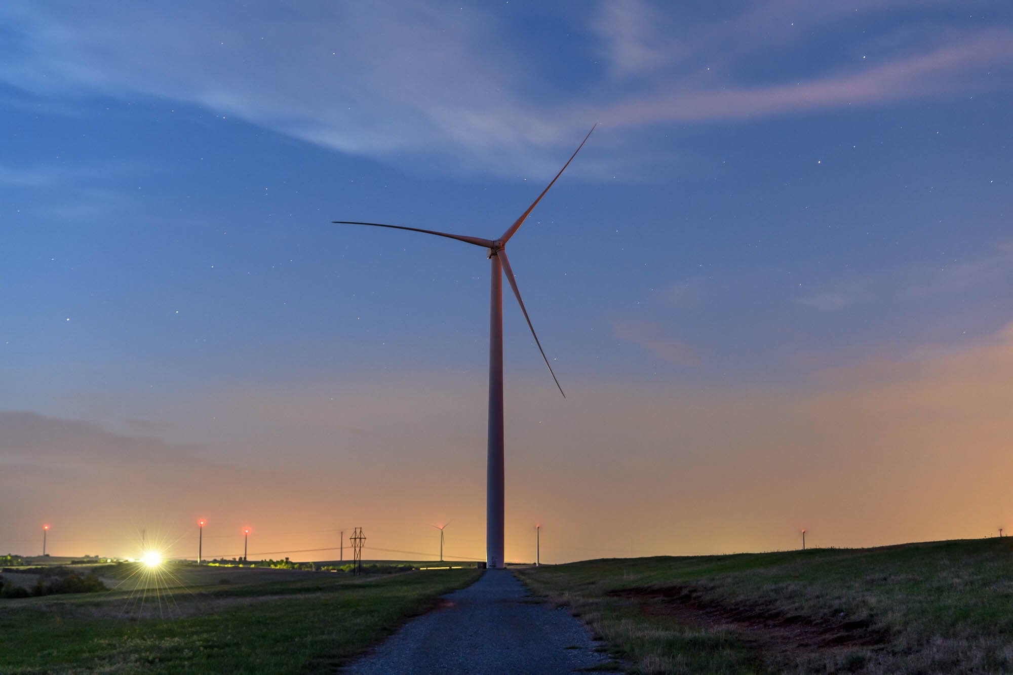 An up close of a wind turbine on a wind farm in Oklahoma.