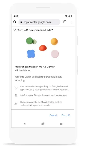 A mobile confirmation screen asking "Turn off personalized ads?" It explains that preferences in My Ad Center will be deleted and activity info will no longer be used to customize ads, with a clear "Turn off" action button.