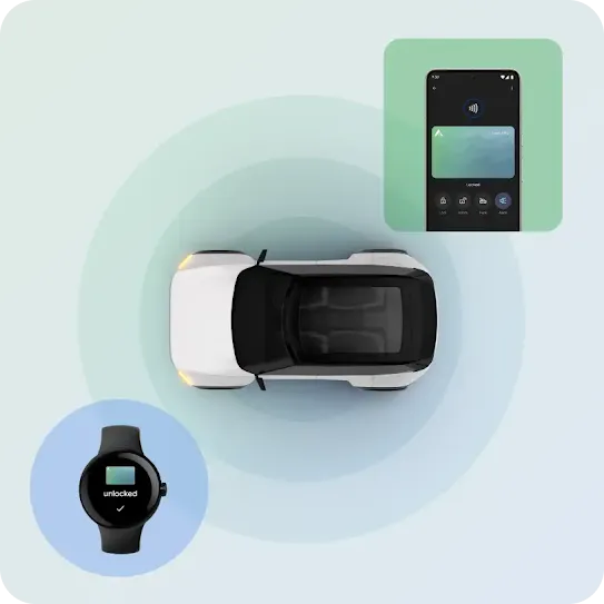 A car, smartwatch and phone each glow with different colors, indicating connection and unlocking.