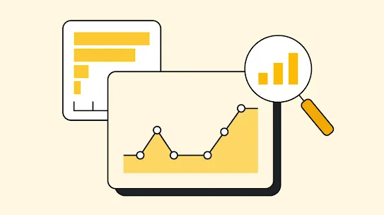 Yellow icon of digital information imagery, including a bar graph, a magnifying glass, and a line graph